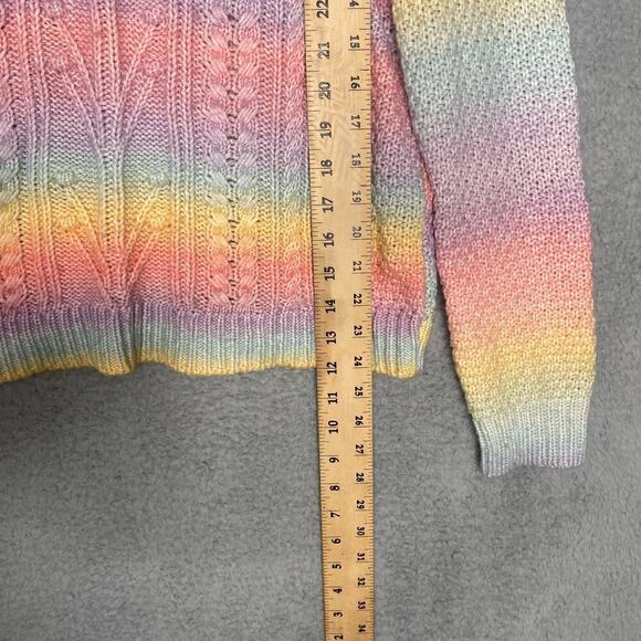 Loft Ann Taylor rainbow cable knit sweater ruffle shoulder winter colorful L - Picture 6 of 7